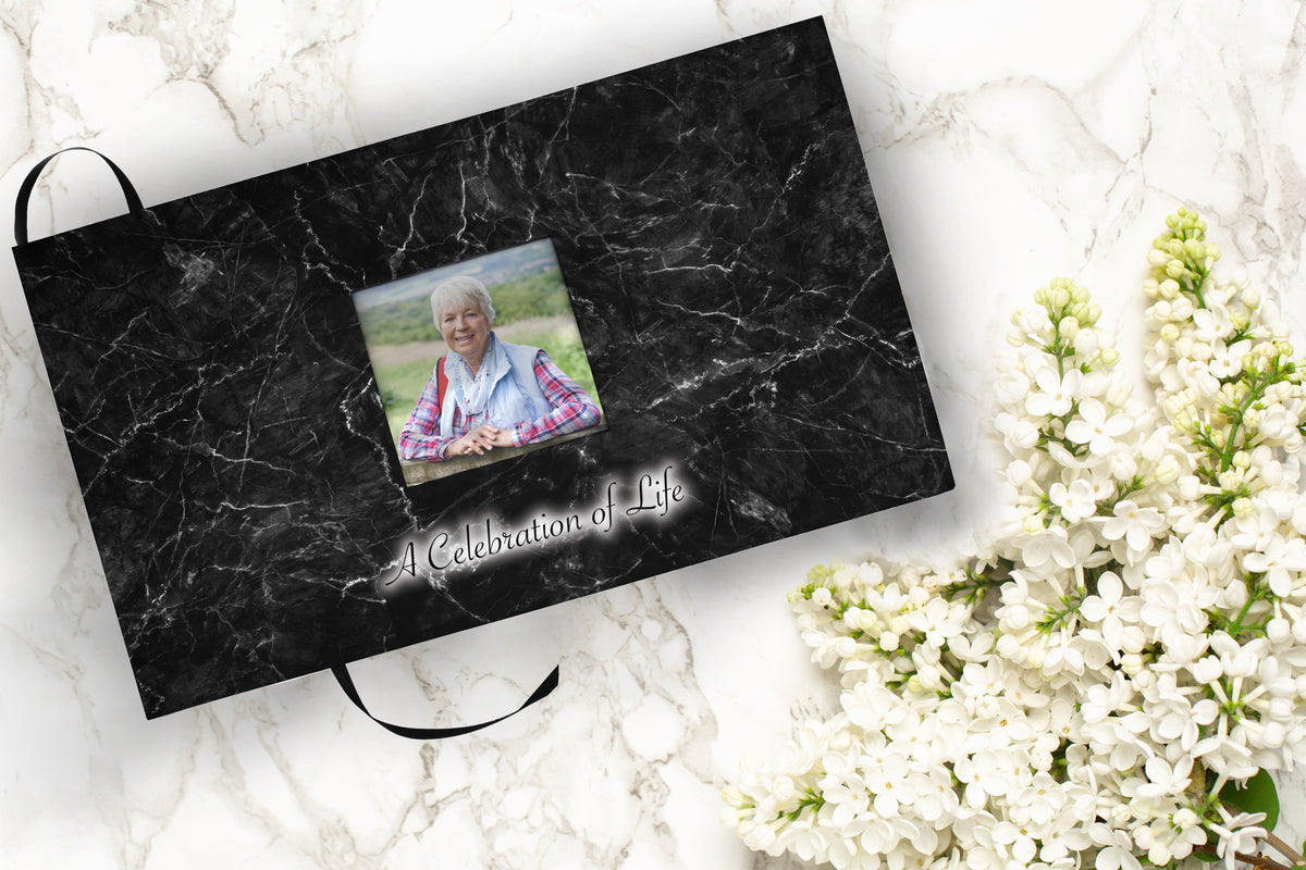 Commemorative Cremation Urns Black Marble Matching Themed 'Celebration of Life' Guest Book for Funeral or Memorial Service