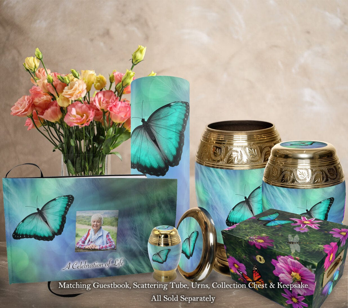 Commemorative Cremation Urns Bokeh Butterfly Matching Themed 'Celebration of Life' Guest Book for Funeral or Memorial Service