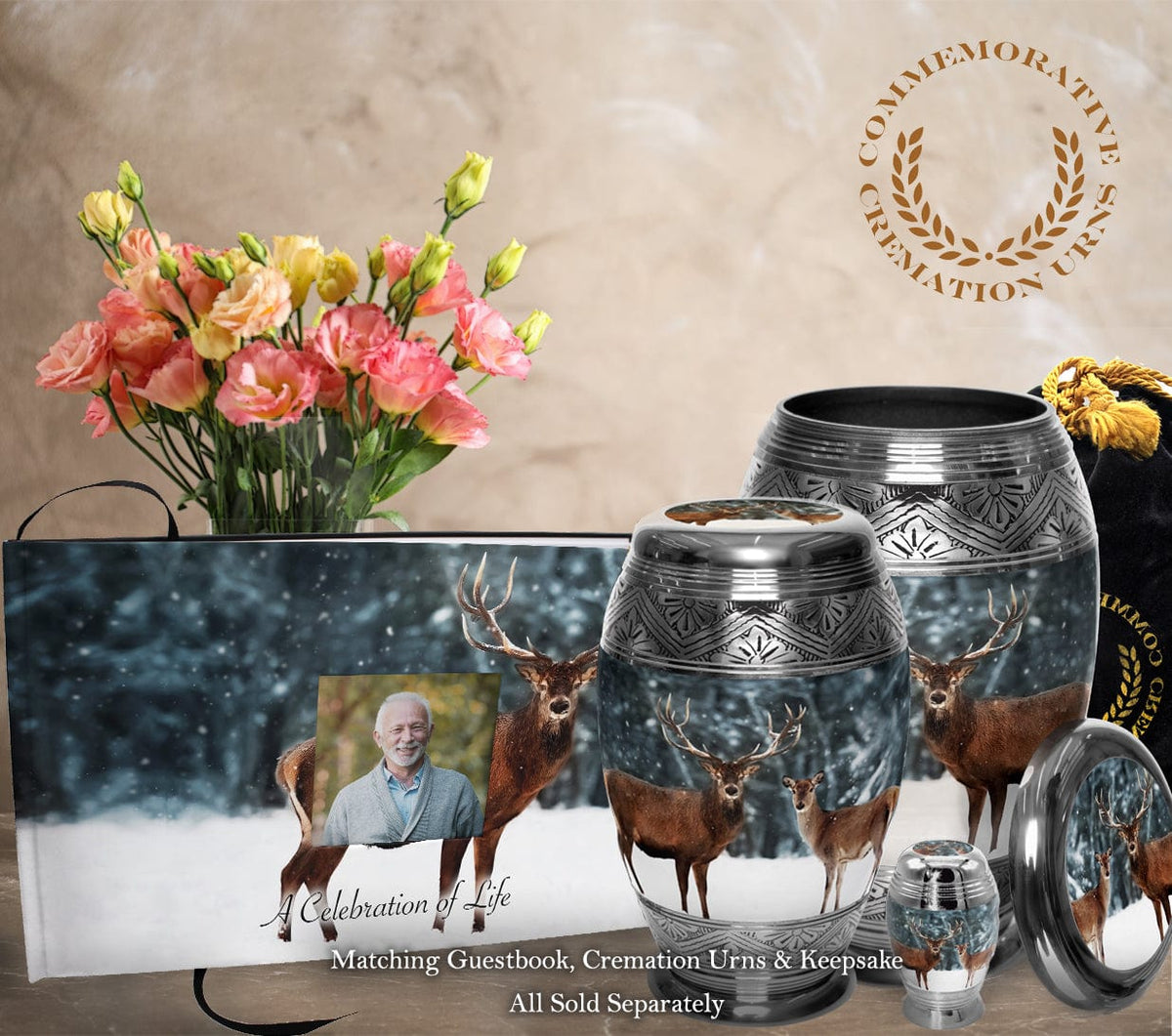 Commemorative Cremation Urns Deer Matching Themed 'Celebration of Life' Guest Book for Funeral or Memorial Service