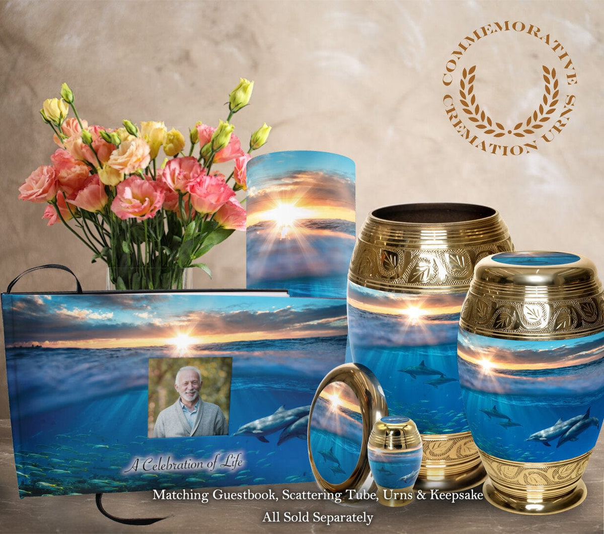 Commemorative Cremation Urns Divine Dolphins Matching Themed &#39;Celebration of Life&#39; Guest Book for Funeral or Memorial Service