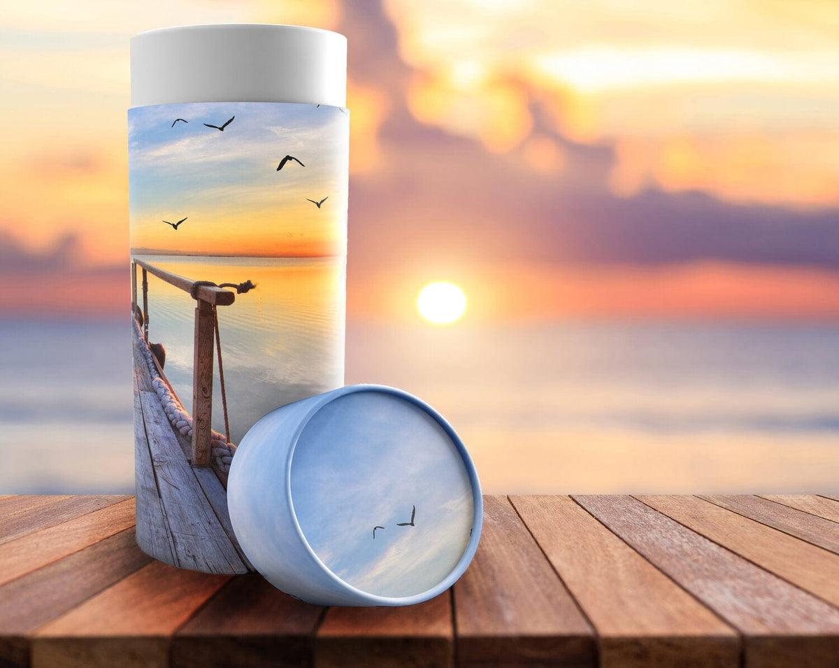 Commemorative Cremation Urns Dock of the Bay Sunset Biodegradable & Eco Friendly Burial or Scattering Urn / Tube