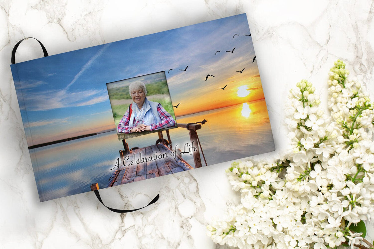Commemorative Cremation Urns Dock of the Bay Sunset Matching Themed 'Celebration of Life' Guest Book for Funeral or Memorial Service