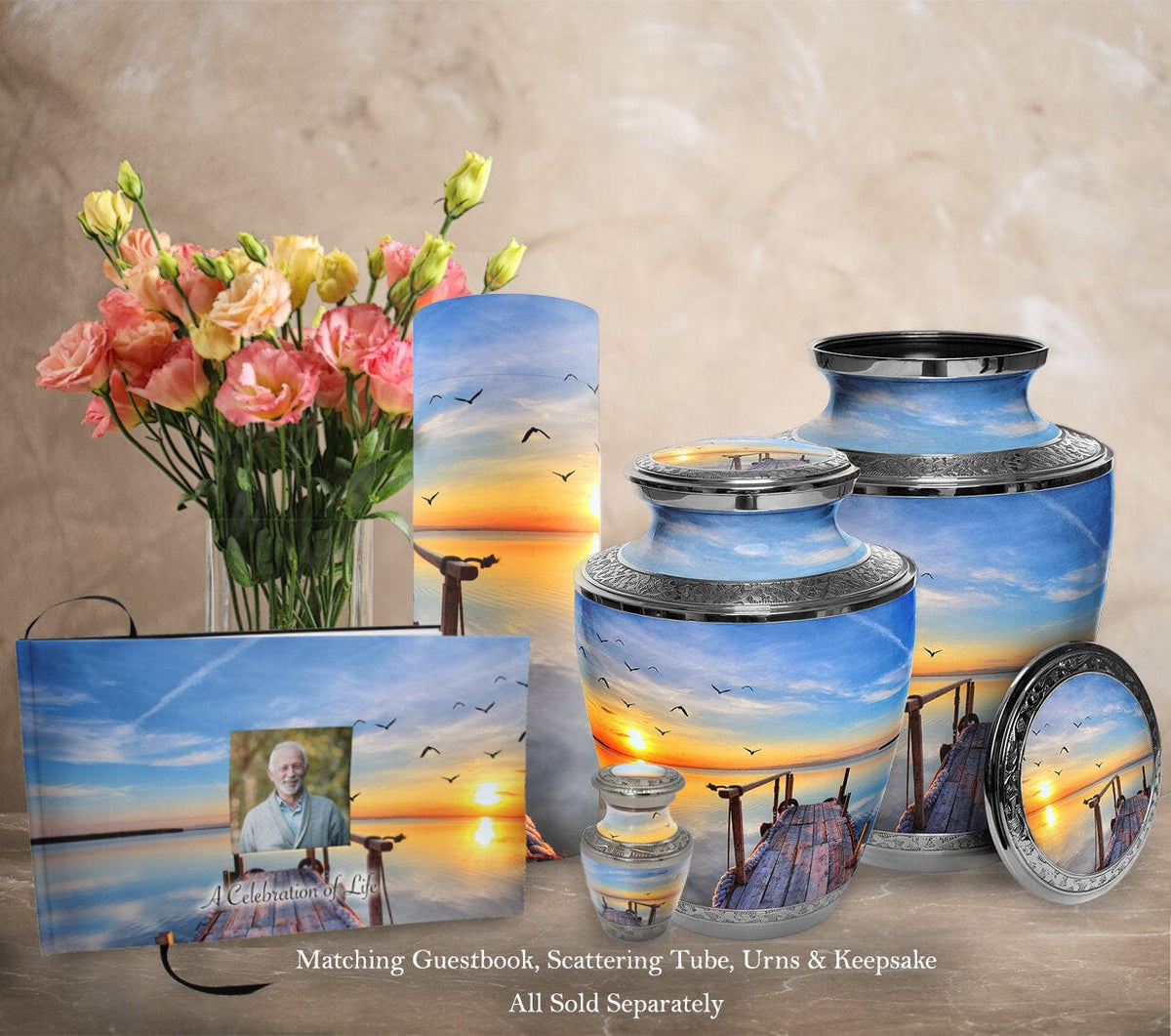 Commemorative Cremation Urns Dock of the Bay Sunset Matching Themed 'Celebration of Life' Guest Book for Funeral or Memorial Service