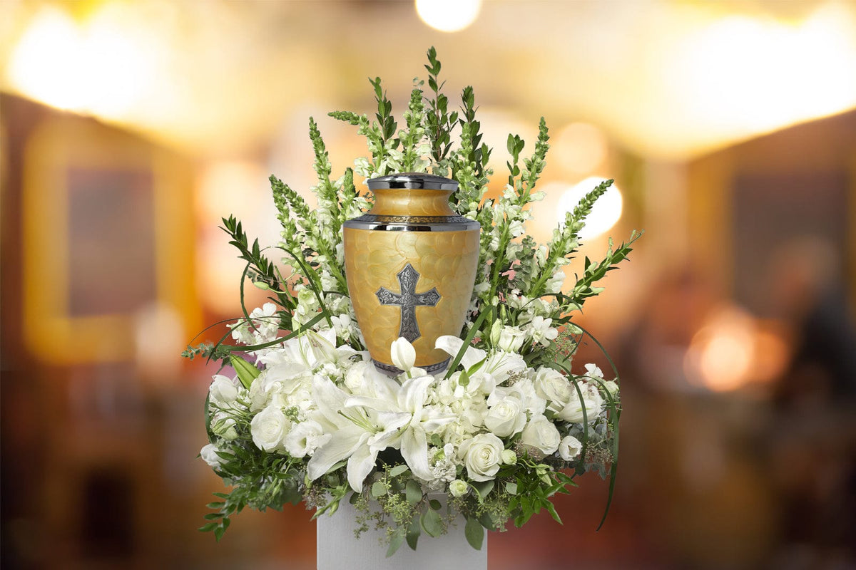 Commemorative Cremation Urns Glory to God Tuscan Yellow Cross Cremation Urn