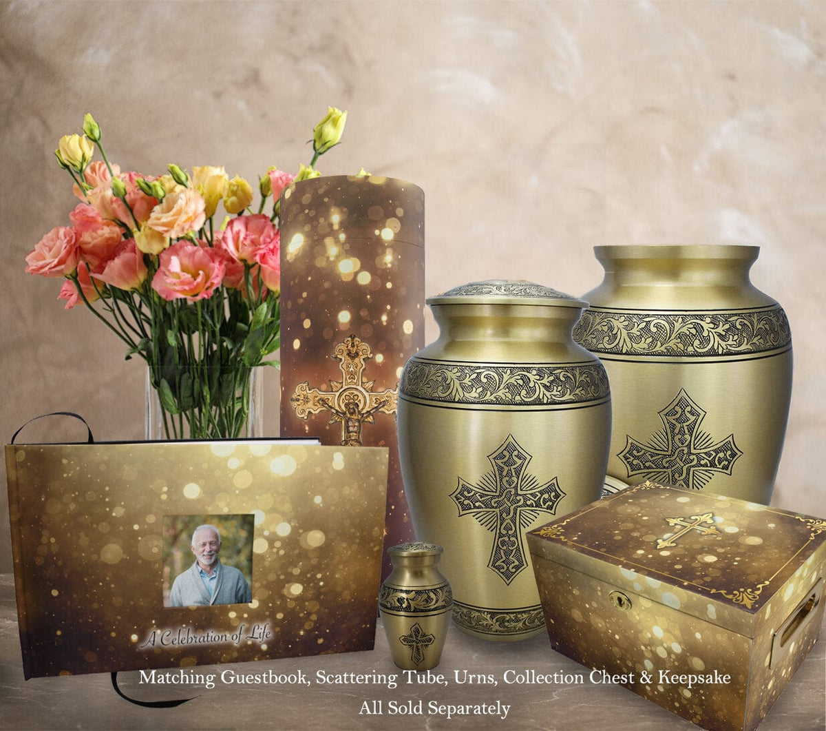Commemorative Cremation Urns Gold Cross Matching Themed 'Celebration of Life' Guest Book for Funeral or Memorial Service