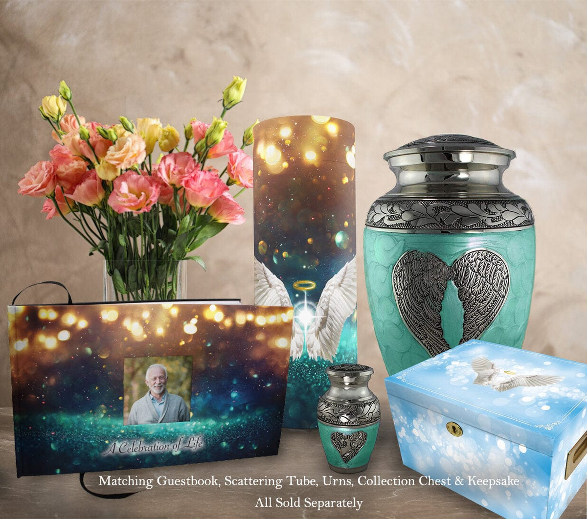 Commemorative Cremation Urns Guardian Angel (Teal) Matching Themed 'Celebration of Life' Guest Book for Funeral or Memorial Service