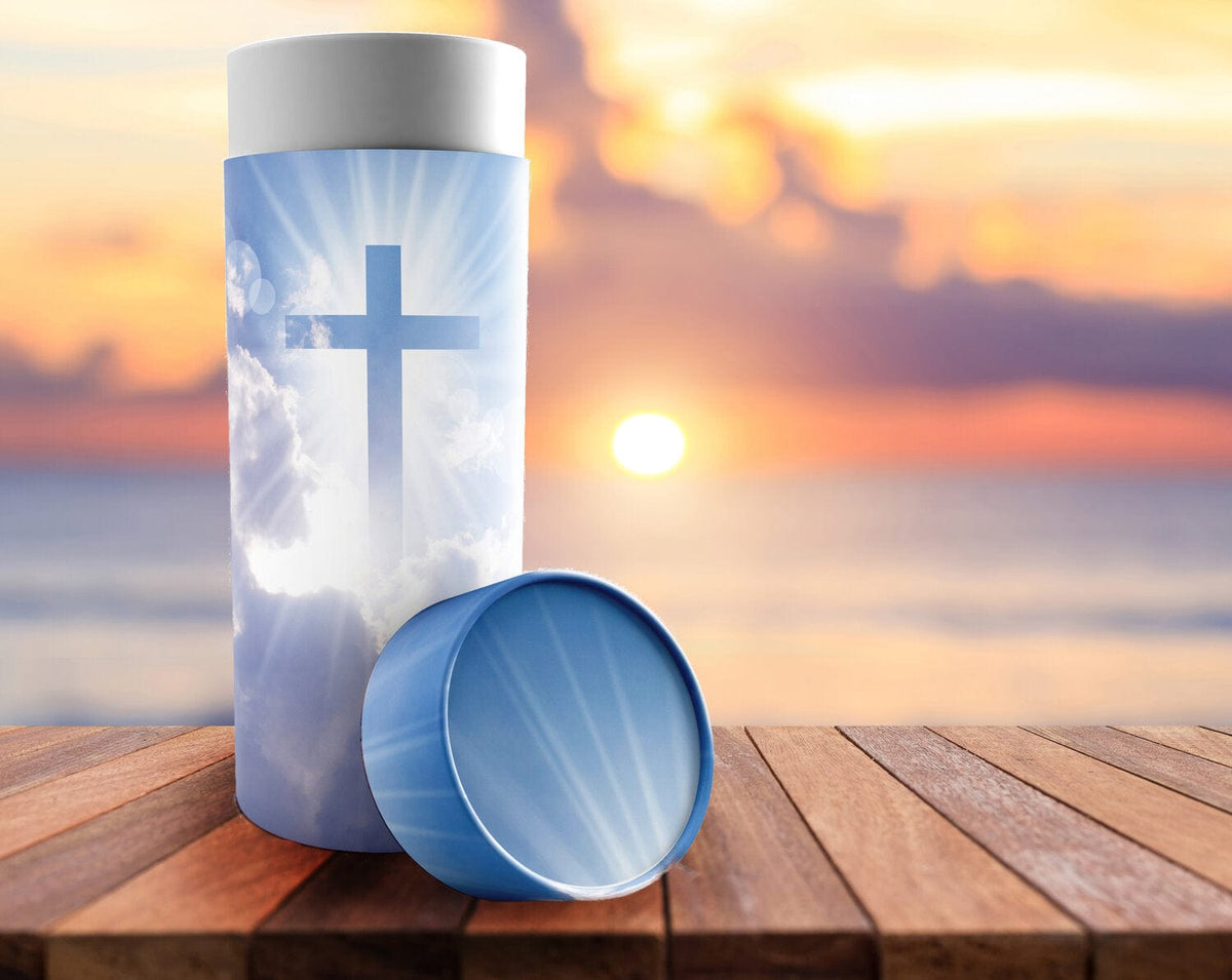 Commemorative Cremation Urns Heavenly Cross - Biodegradable & Eco Friendly Burial or Scattering Urn / Tube