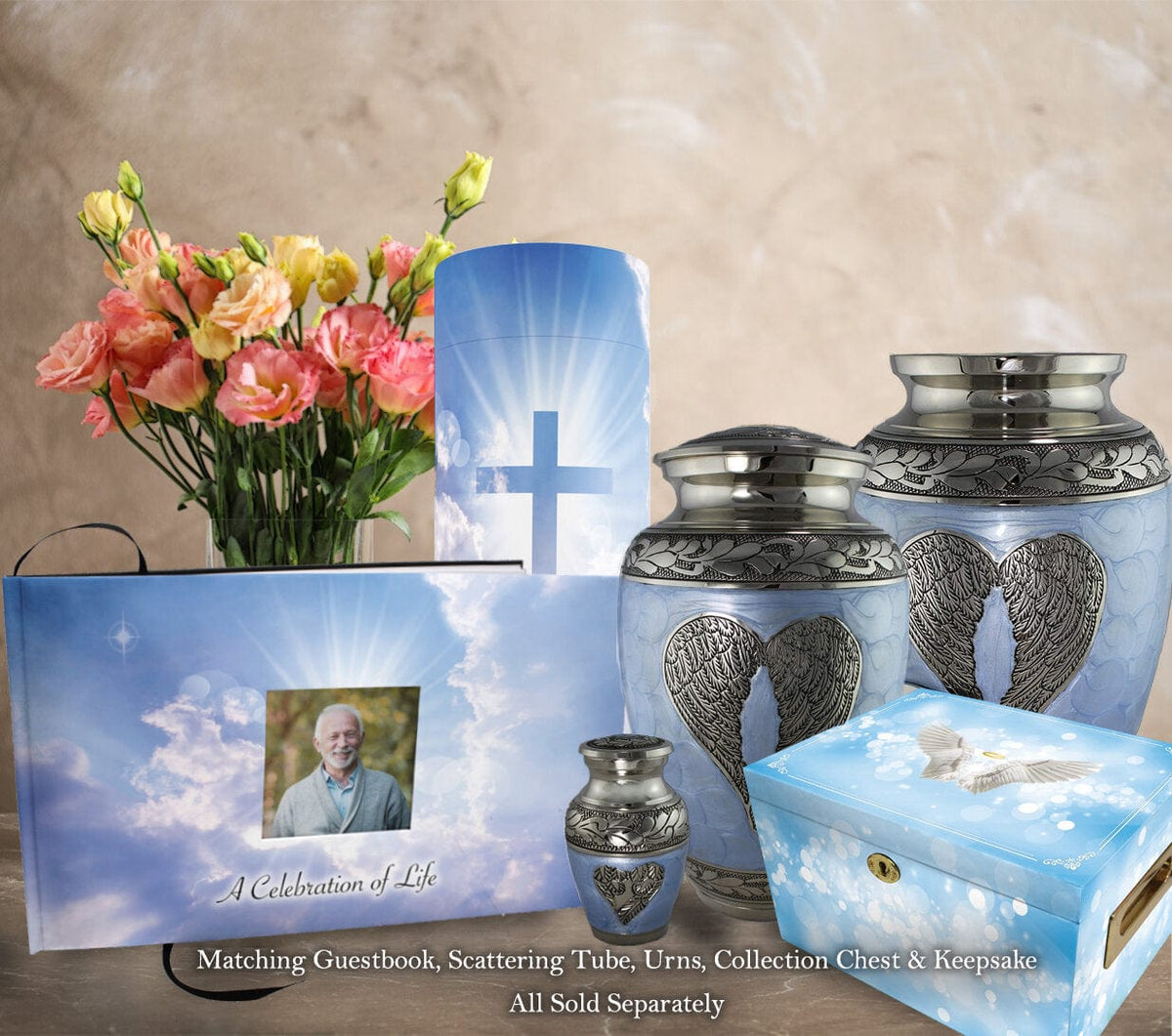 Commemorative Cremation Urns Heavenly Cross Matching Themed 'Celebration of Life' Guest Book for Funeral or Memorial Service