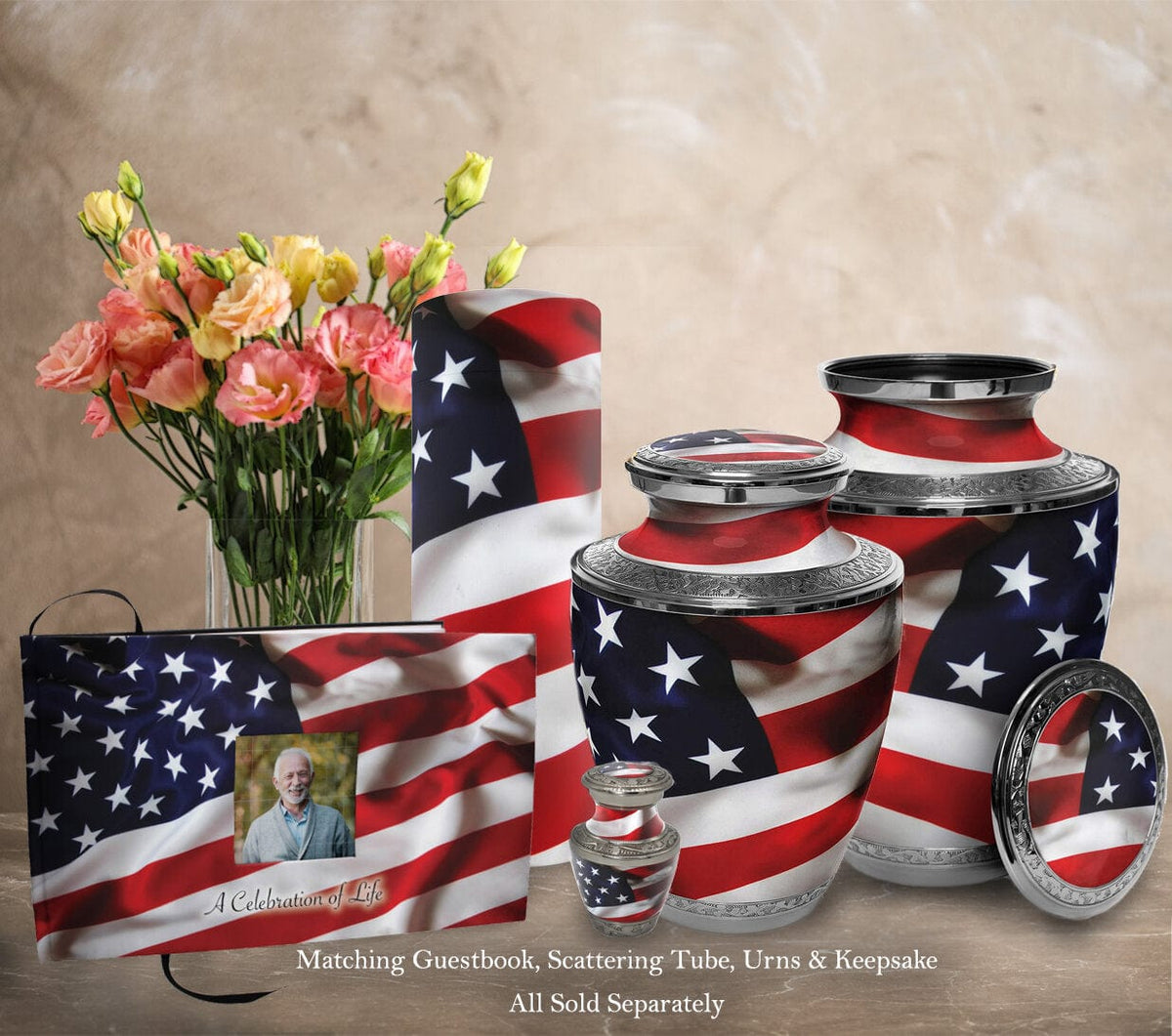Commemorative Cremation Urns Home & Garden American Flag Matching Themed 'Celebration of Life' Guest Book for Funeral or Memorial Service