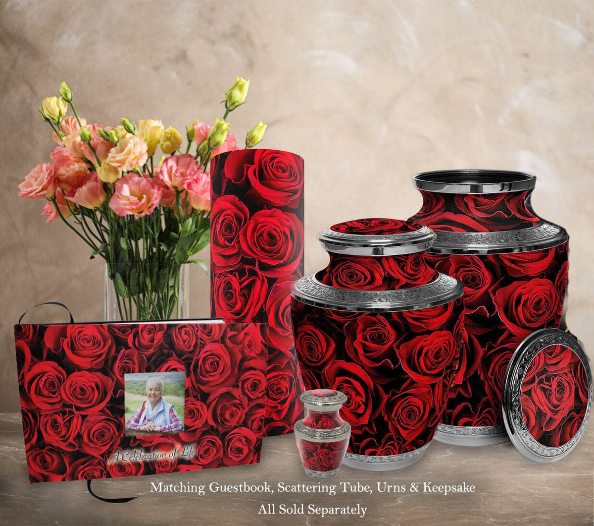 Commemorative Cremation Urns Home & Garden Crimson Rose Matching Themed 'Celebration of Life' Guest Book for Funeral or Memorial Service