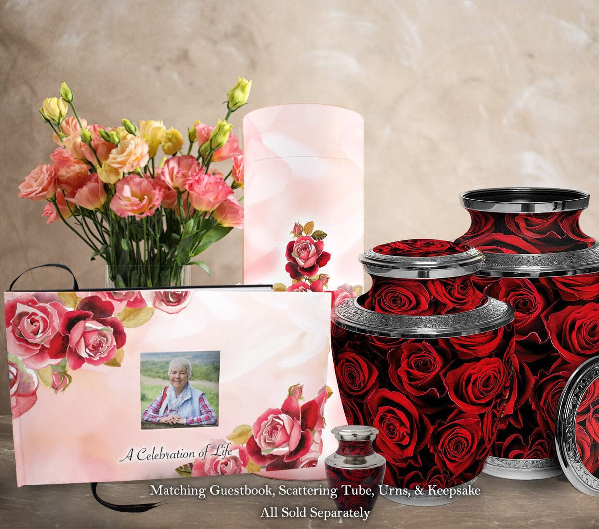 Commemorative Cremation Urns Home & Garden Holy Roses Matching Themed 'Celebration of Life' Guest Book for Funeral or Memorial Service