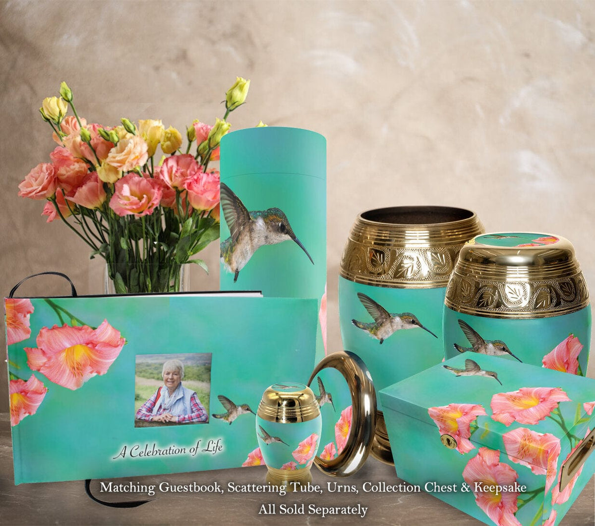 Commemorative Cremation Urns Hummingbird Matching Themed 'Celebration of Life' Guest Book for Funeral or Memorial Service