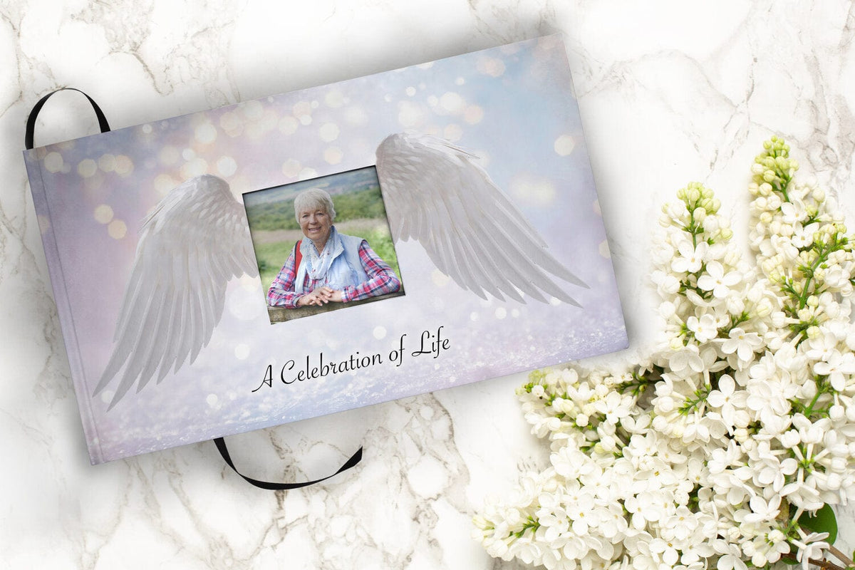 Commemorative Cremation Urns Loving Angel Wings Matching Themed 'Celebration of Life' Guest Book for Funeral or Memorial Service