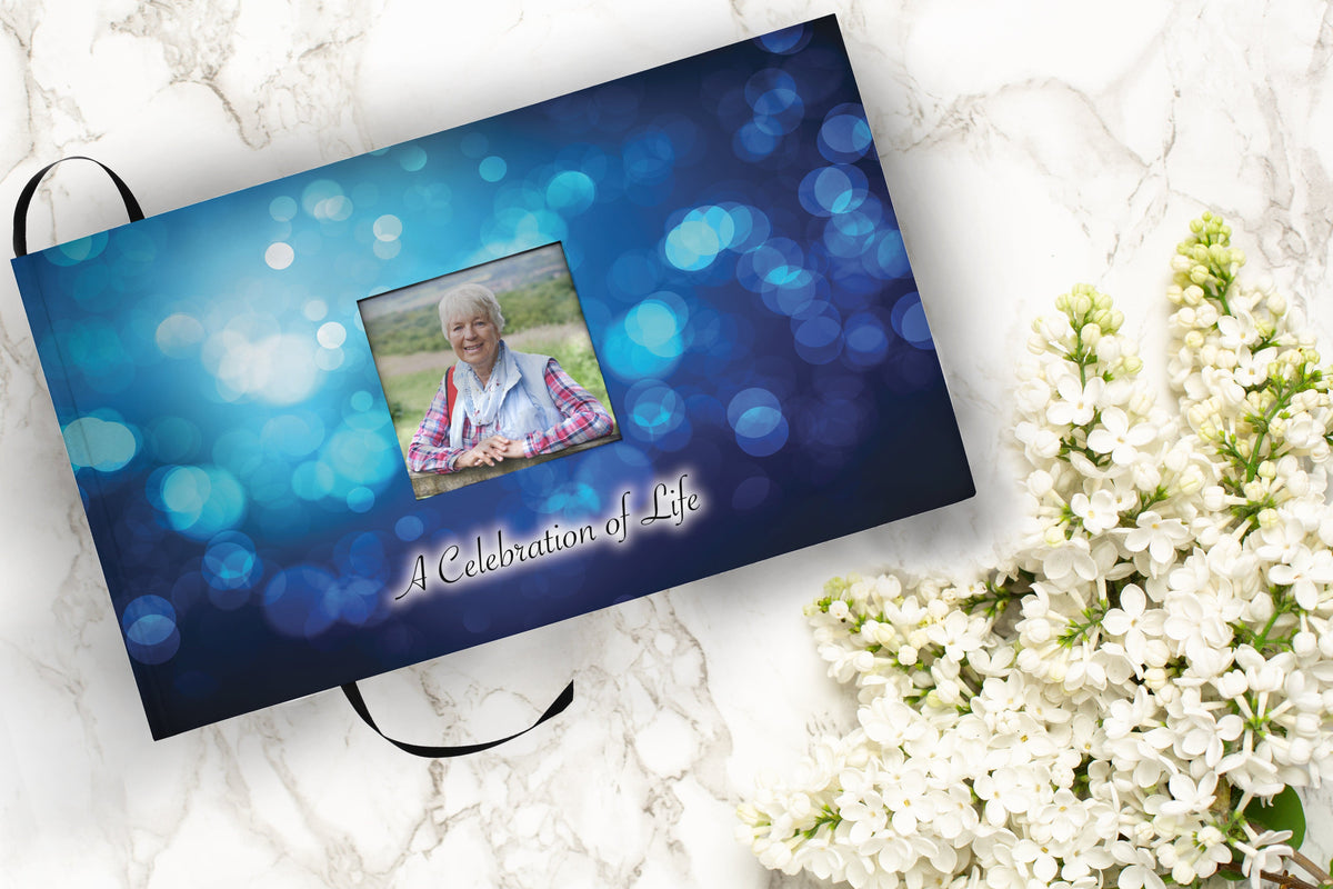 Commemorative Cremation Urns Moonstone Blue Matching Themed 'Celebration of Life' Guest Book for Funeral or Memorial Service