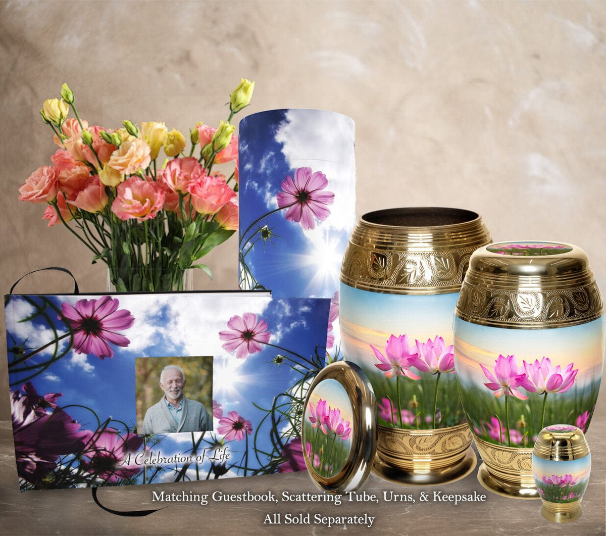 Commemorative Cremation Urns Morning Glories Matching Themed 'Celebration of Life' Guest Book for Funeral or Memorial Service