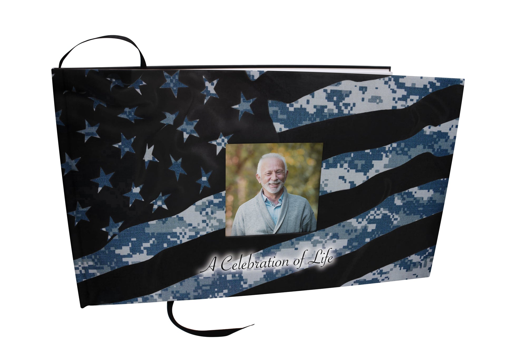 Commemorative Cremation Urns Navy Blue Camouflage Matching Themed 'Celebration of Life' Guest Book for Funeral or Memorial Service