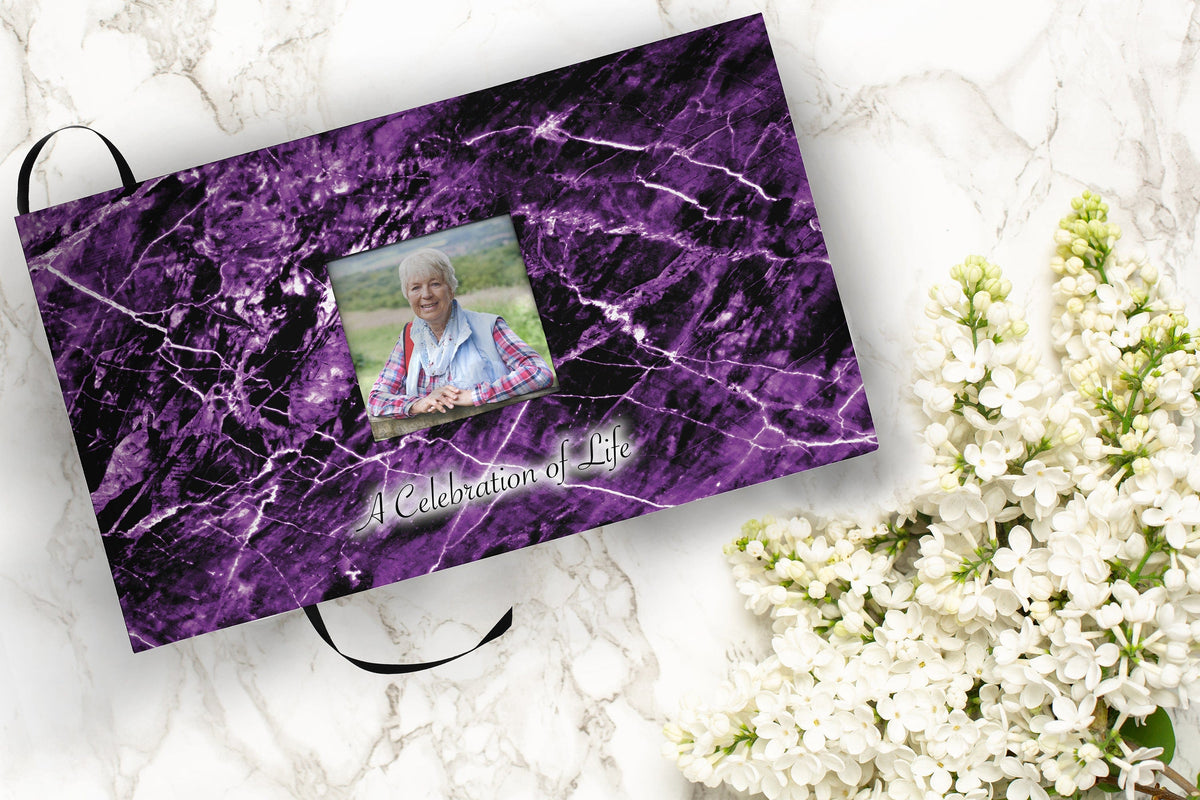 Commemorative Cremation Urns Purple Marble Matching Themed 'Celebration of Life' Guest Book for Funeral or Memorial Service