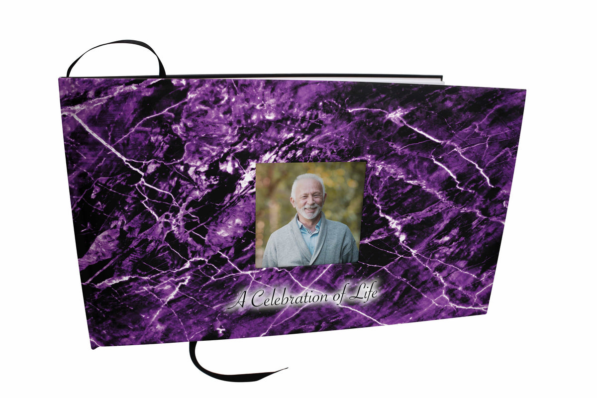 Commemorative Cremation Urns Purple Marble Matching Themed &#39;Celebration of Life&#39; Guest Book for Funeral or Memorial Service
