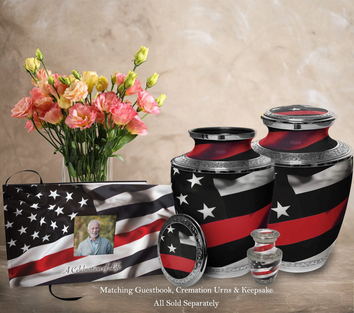 Commemorative Cremation Urns Red Line Flag Firefighter Matching Themed 'Celebration of Life' Guest Book for Funeral or Memorial Service
