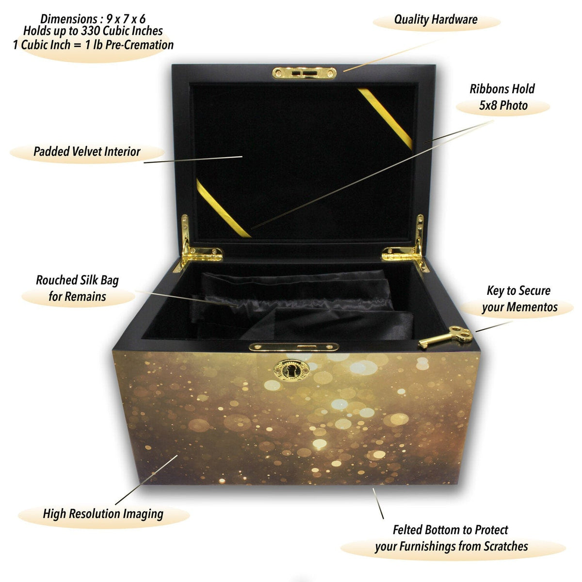 Commemorative Cremation Urns Shining His Light (Gold) Memorial Collection Chest Cremation Urn