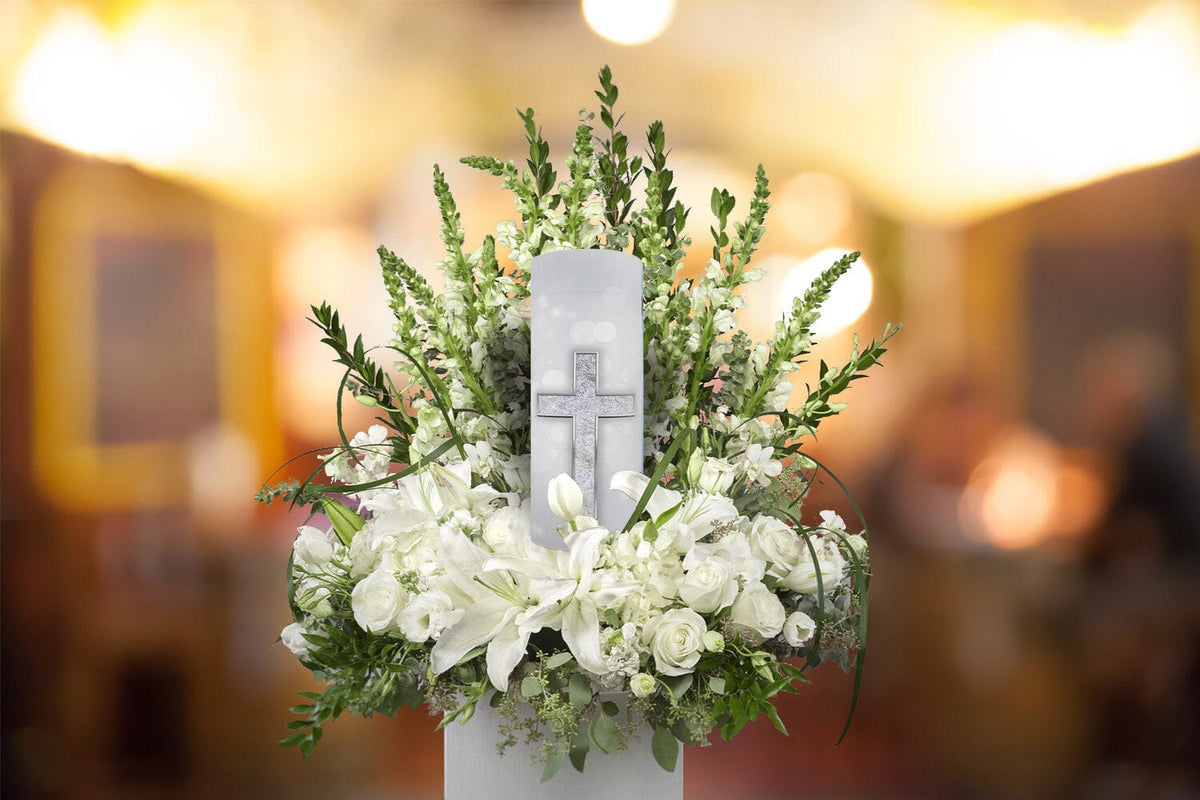 Commemorative Cremation Urns Silver Cross Biodegradable & Eco Friendly Burial or Scattering Urn / Tube