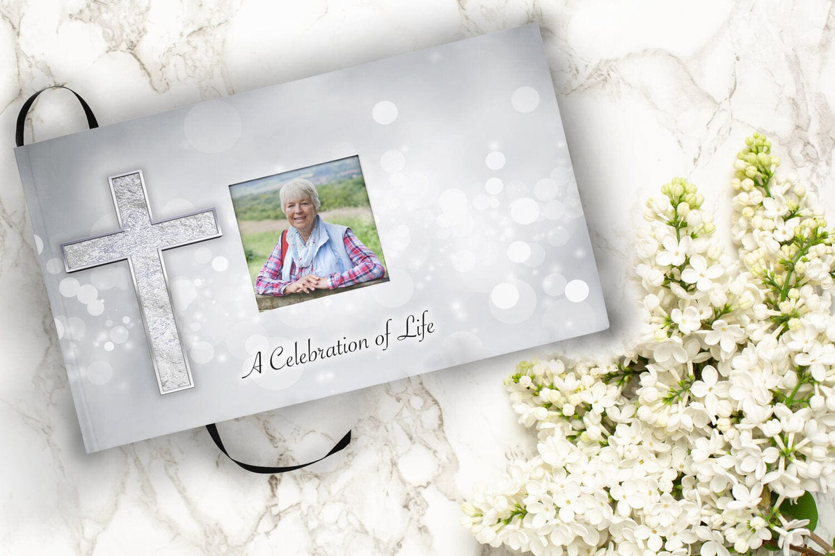 Commemorative Cremation Urns Silver Cross Matching Themed 'Celebration of Life' Guest Book for Funeral or Memorial Service