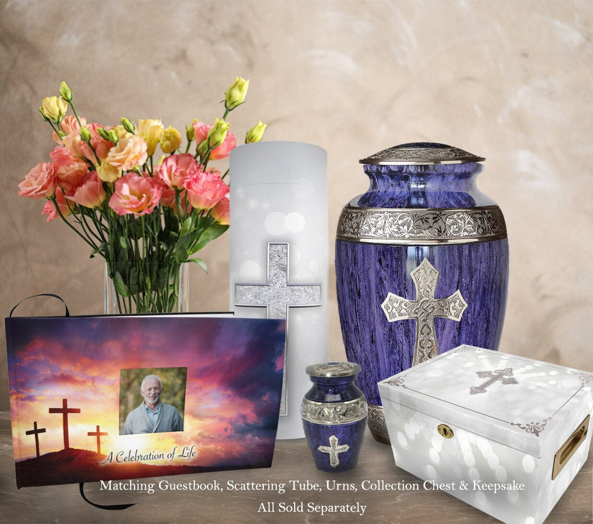 Commemorative Cremation Urns Three Crosses Matching Themed 'Celebration of Life' Guest Book for Funeral or Memorial Service