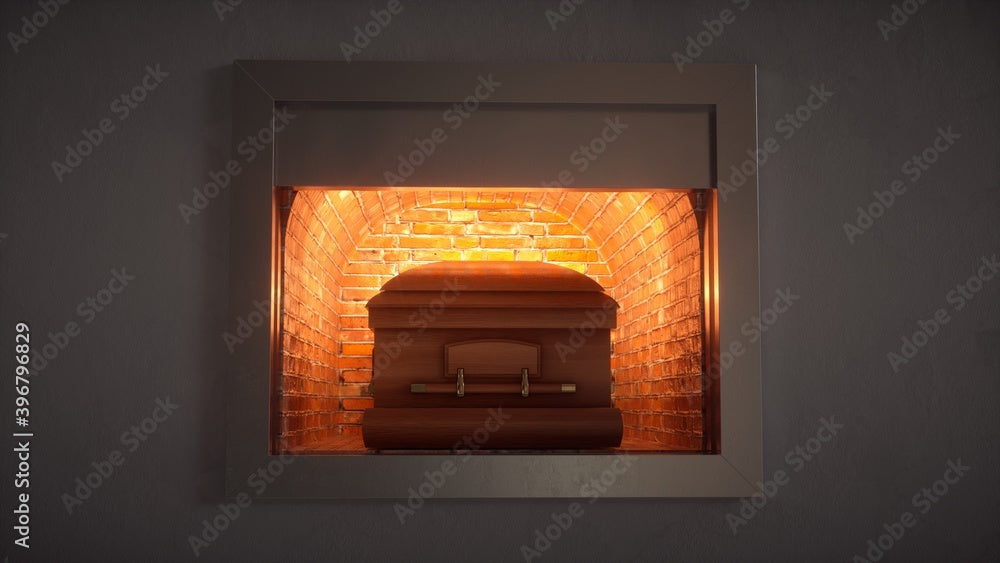 Wooden casket in a brick cremation chamber with warm lighting, funeral memorial concept