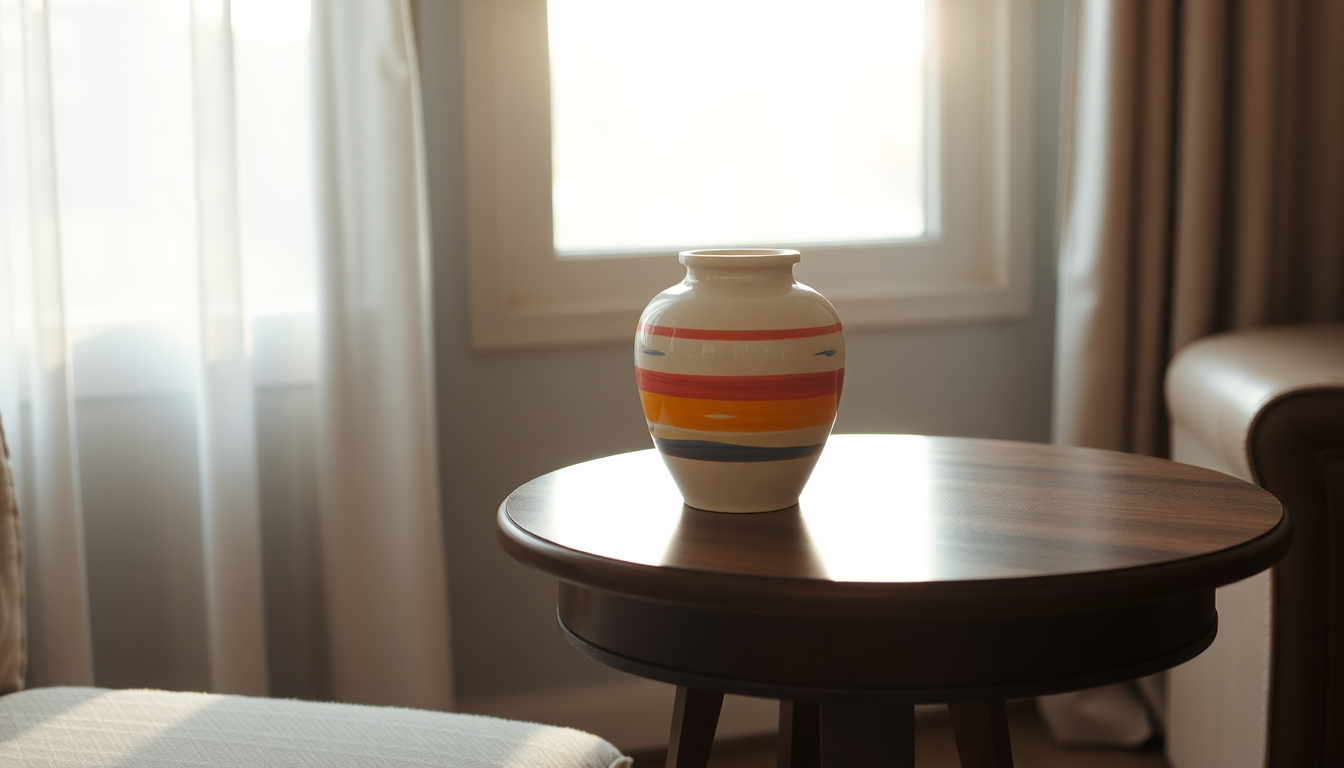 Metal cremation urn with colorful stripes on a wooden table by a bright window