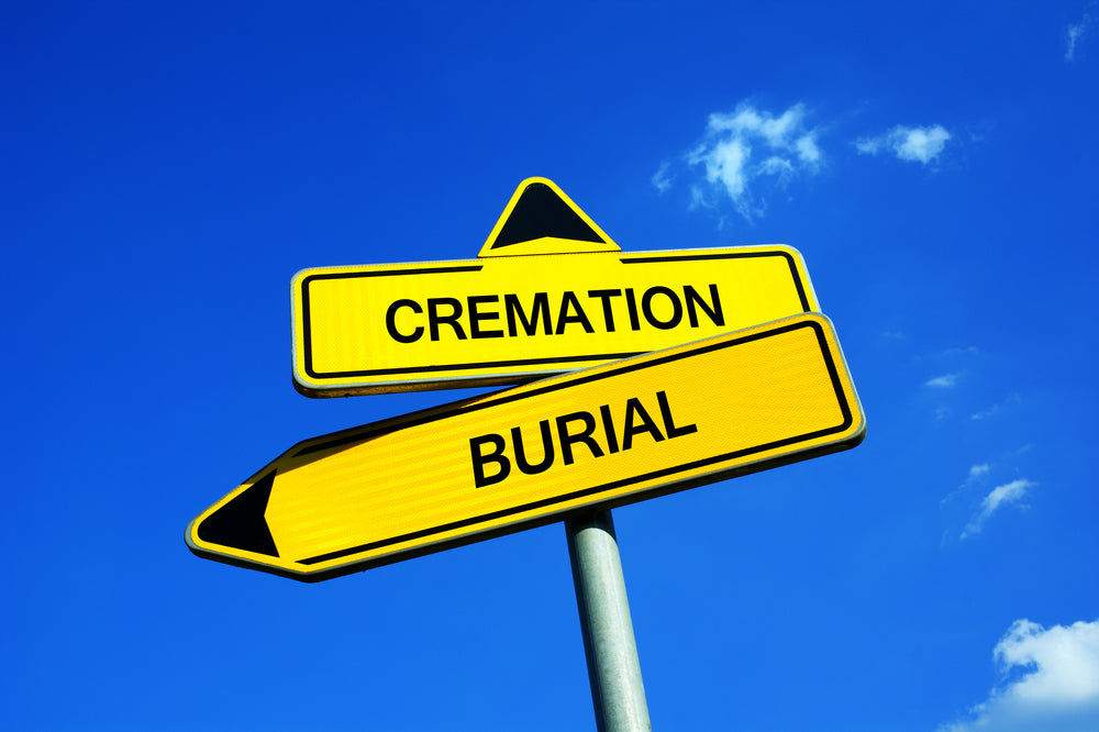 Yellow road signs with cremation and burial options against blue sky