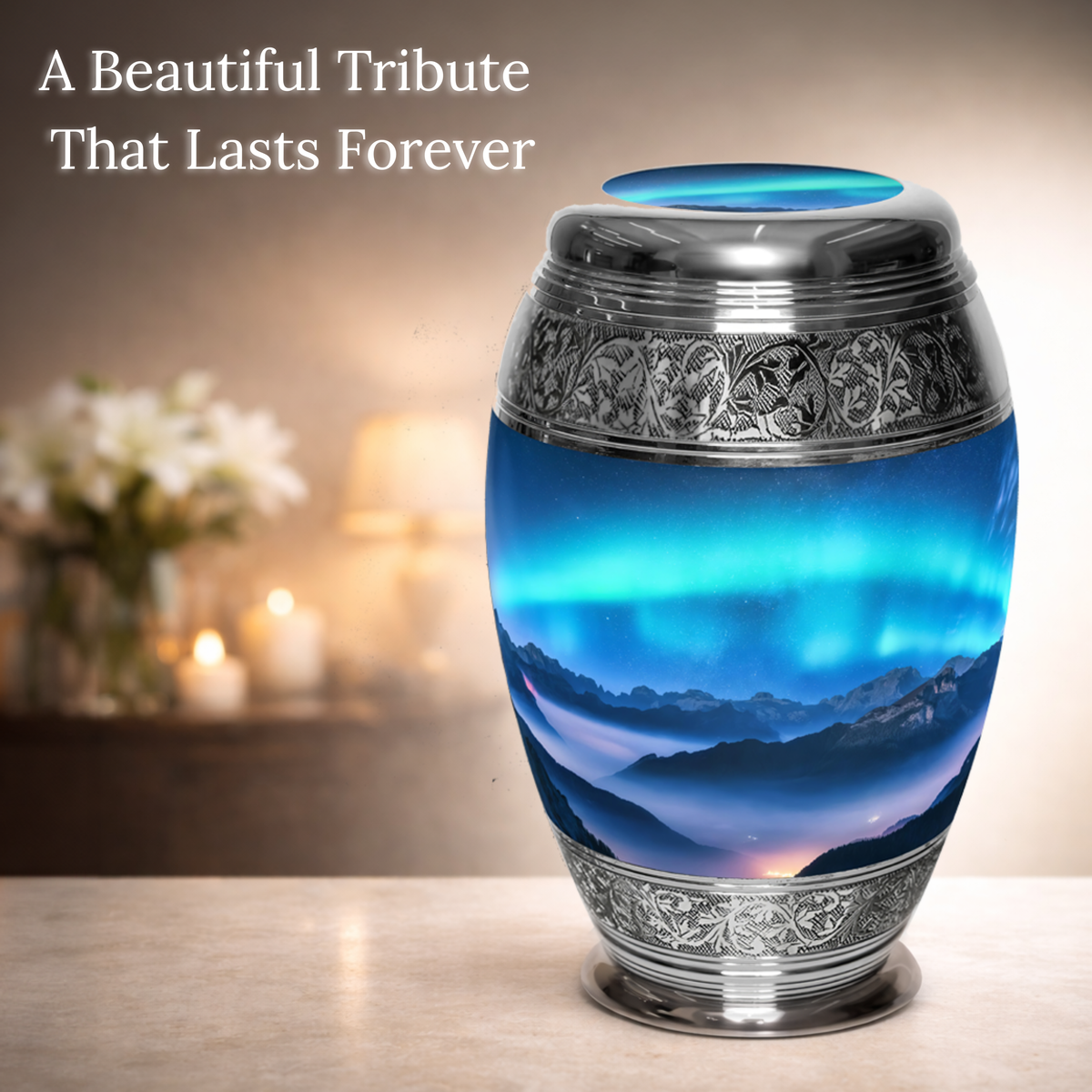 Decorative aurora borealis urn with mountain and sky design on a wooden surface with soft lighting.