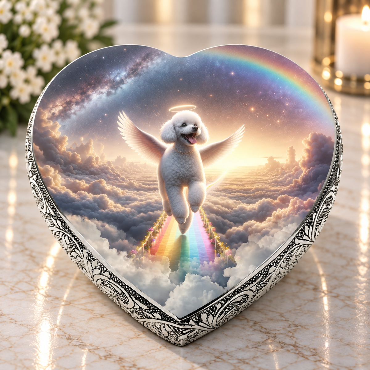 White Mini Poodle Urn - Dog Urn Rainbow Archway Urn for Dog Ashes