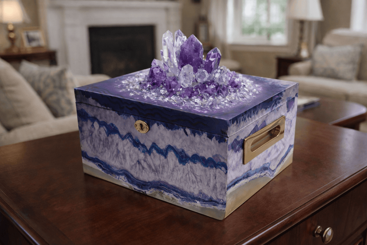 Commemorative Cremation Urns LIMITED EDITION Purple Agate Crystal Urn Memorial Chest with Genuine Amethyst and Quartz Cremation Urn