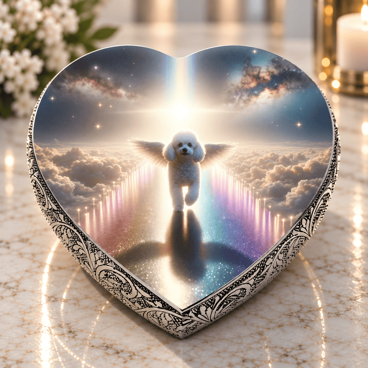 Eternal Elegance Dog Urns White Mini Poodle Urn - Dog Urn - Rainbow Arc Urn for Dog Ashes