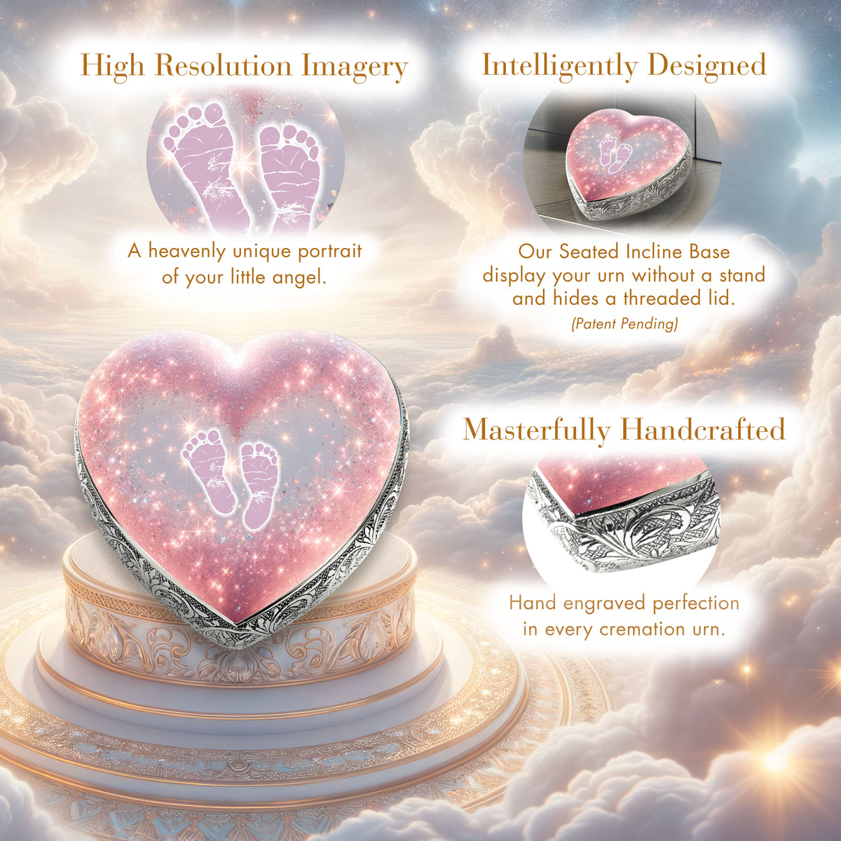 Eternal Elegance Urns for Babies Cherished Hearts Pink Footprints Baby or Child Cremation Urn