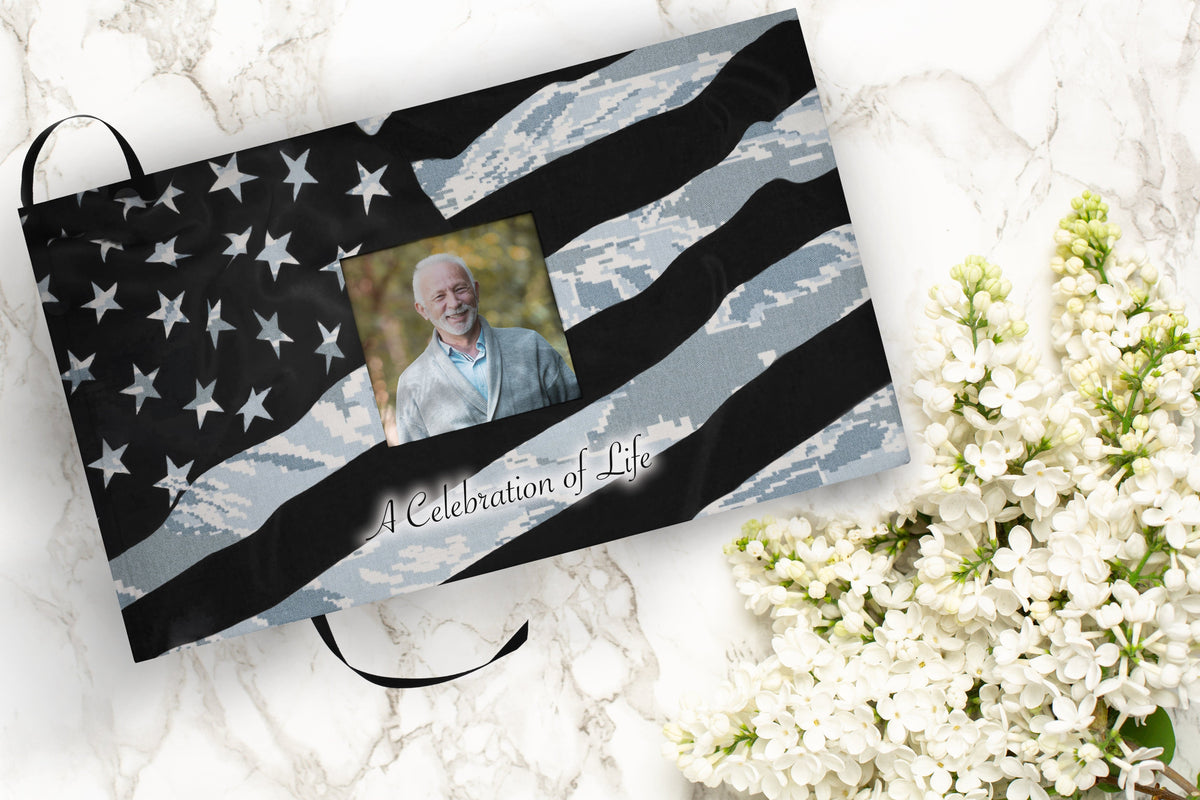 Commemorative Cremation Urns Air Force Tiger Stripe Matching Themed &#39;Celebration of Life&#39; Guest Book for Funeral or Memorial Service