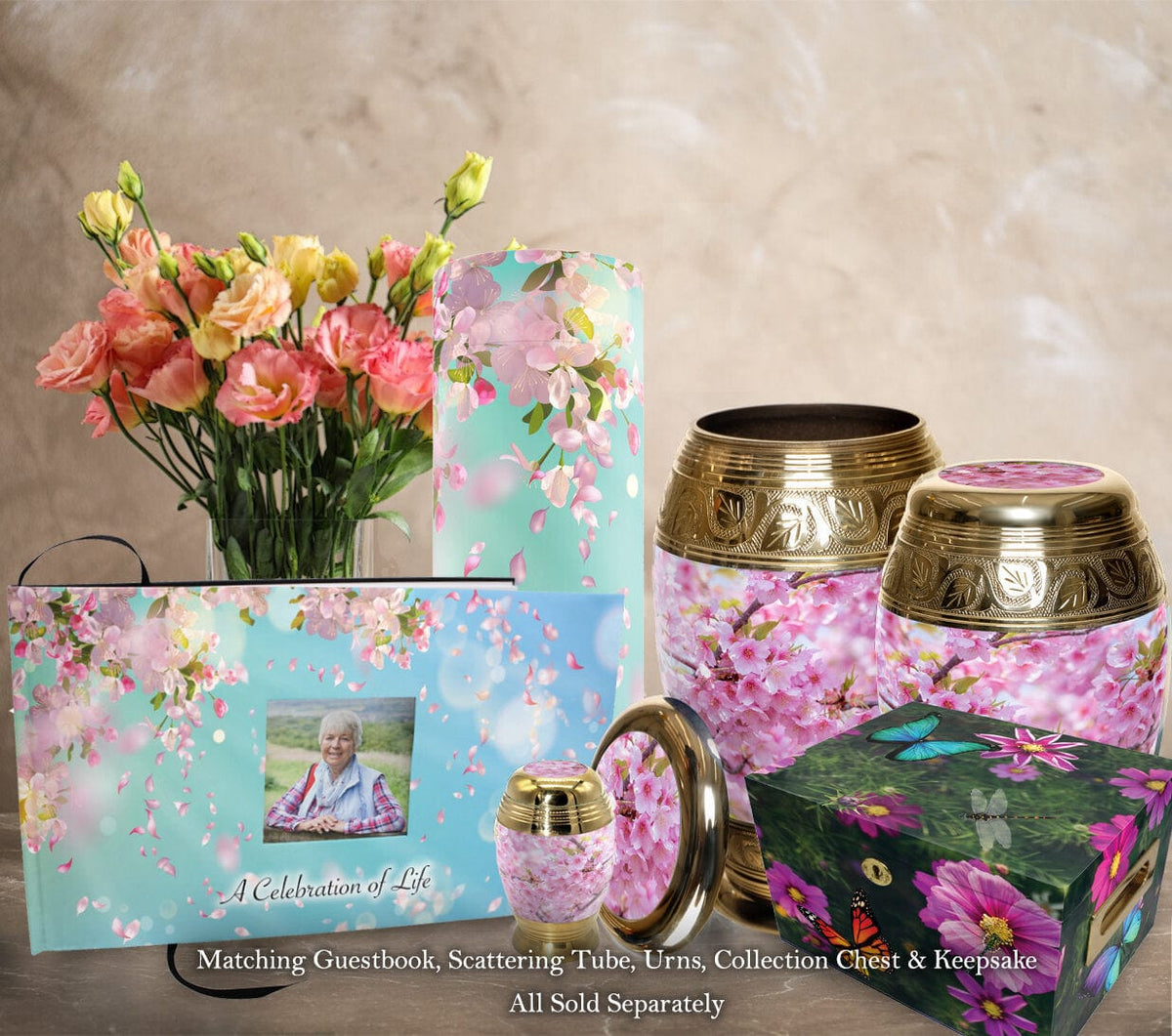 Commemorative Cremation Urns Along the Breeze Matching Themed &#39;Celebration of Life&#39; Guest Book for Funeral or Memorial Service