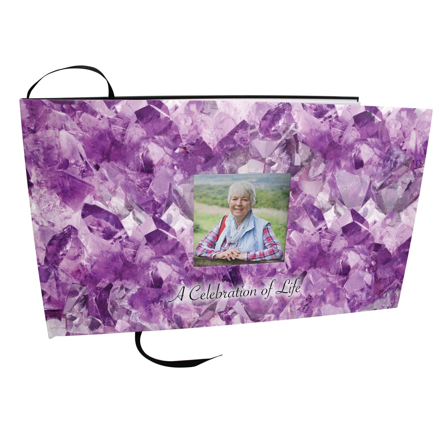 Commemorative Cremation Urns Amethyst Crystals Matching Themed 'Celebration of Life' Guest Book for Funeral or Memorial Service