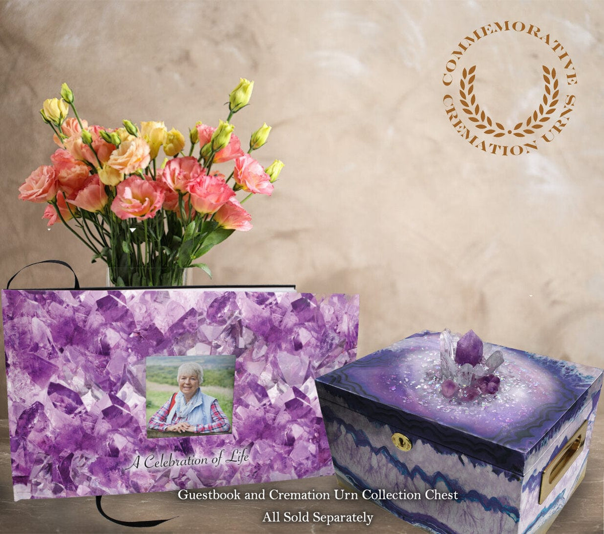 Commemorative Cremation Urns Amethyst Crystals Matching Themed &#39;Celebration of Life&#39; Guest Book for Funeral or Memorial Service