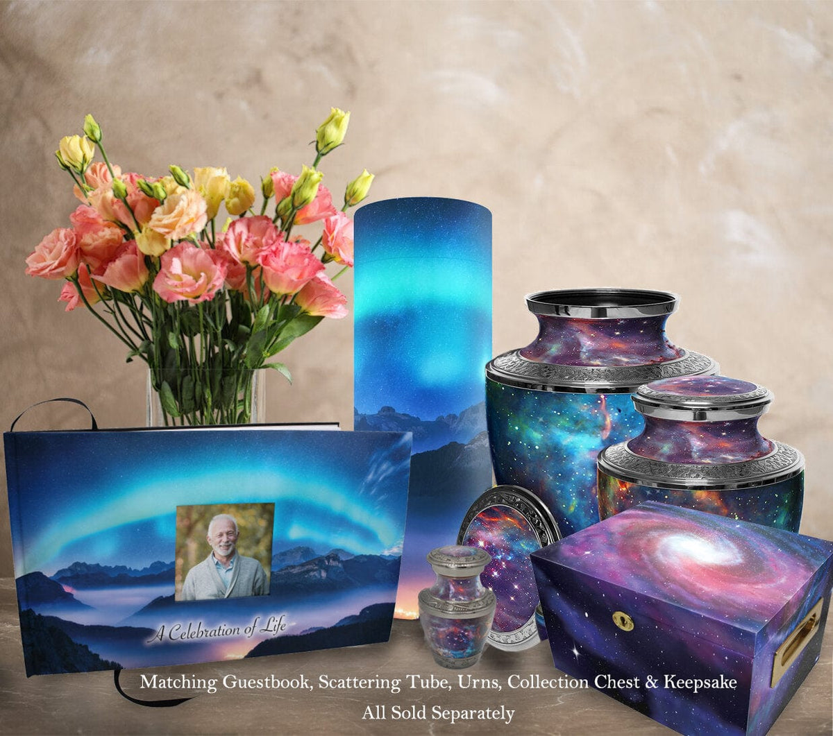 Commemorative Cremation Urns Aurora Borealis Matching Themed &#39;Celebration of Life&#39; Guest Book for Funeral or Memorial Service