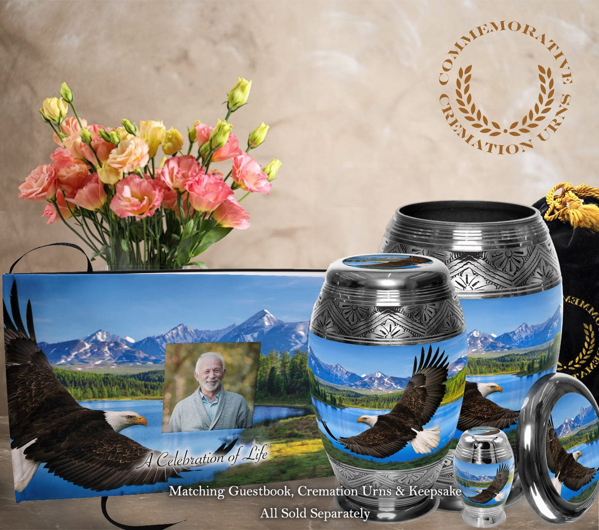 Commemorative Cremation Urns Bald Eagle Matching Themed &#39;Celebration of Life&#39; Guest Book for Funeral or Memorial Service