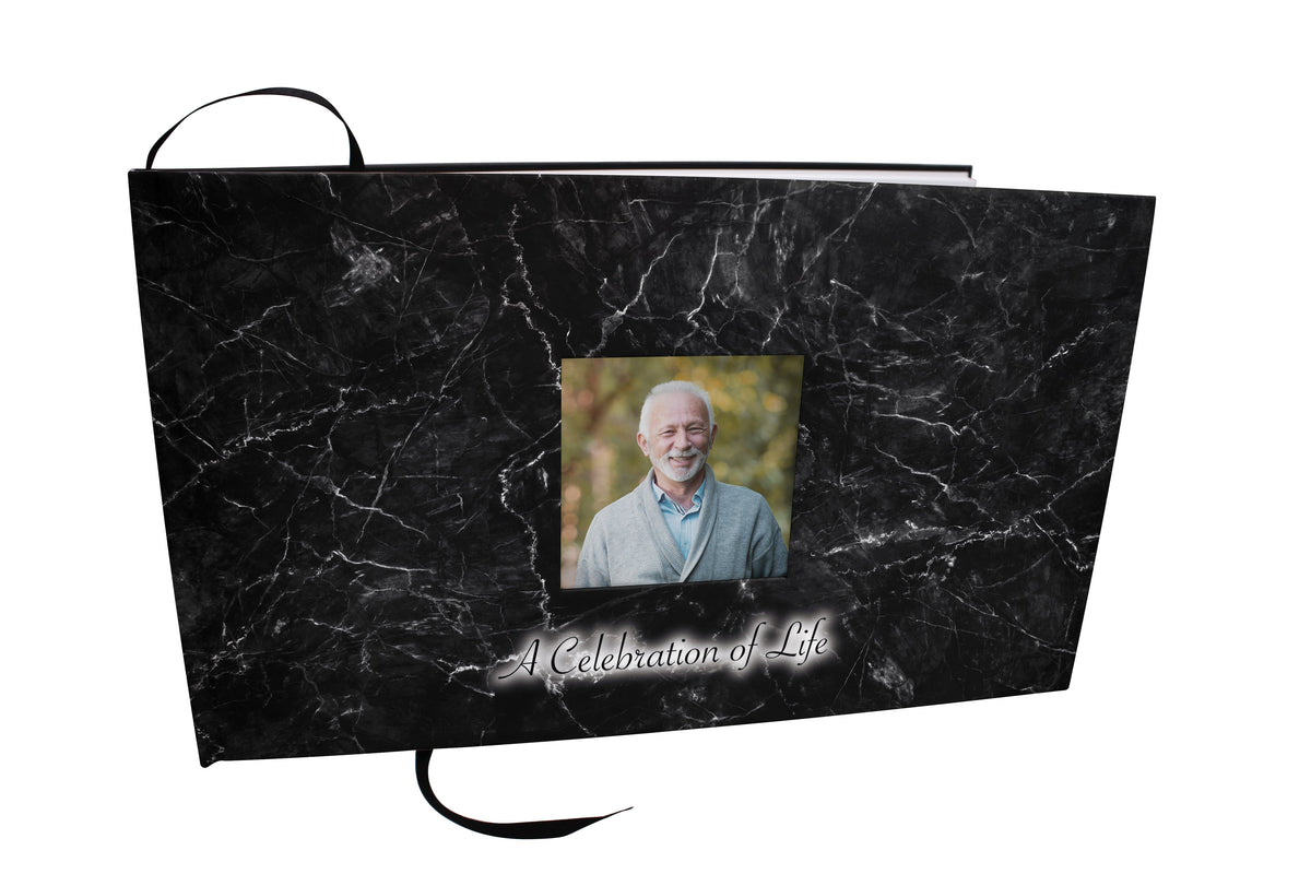 Commemorative Cremation Urns Black Marble Matching Themed &#39;Celebration of Life&#39; Guest Book for Funeral or Memorial Service