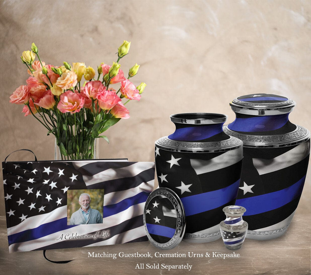 Commemorative Cremation Urns Blue Line Flag Police &amp; Law Enforcement Matching Themed &#39;Celebration of Life&#39; Guest Book for Funeral or Memorial Service