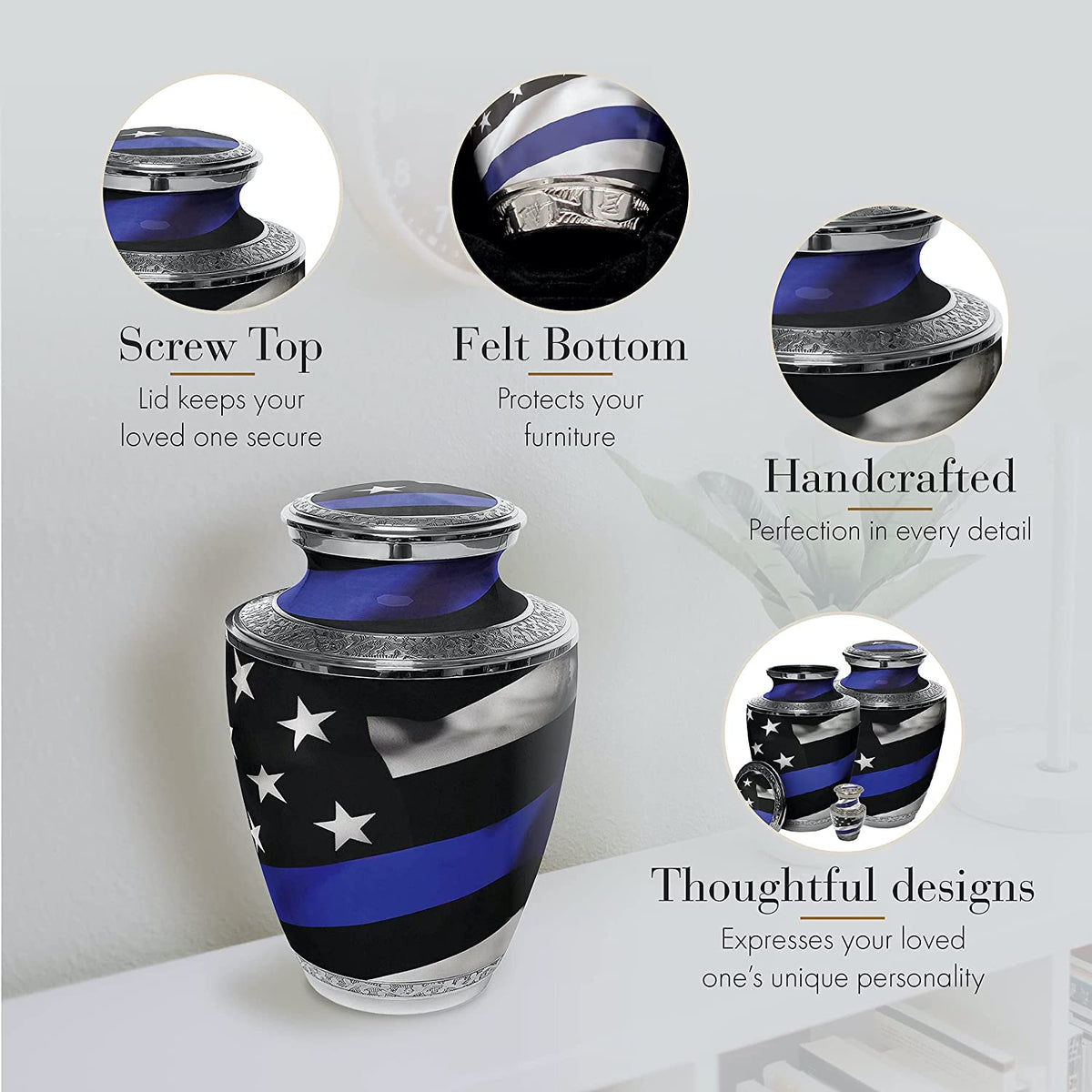 Commemorative Cremation Urns Blue Line Police and Law Enforcement Flag Cremation Urn