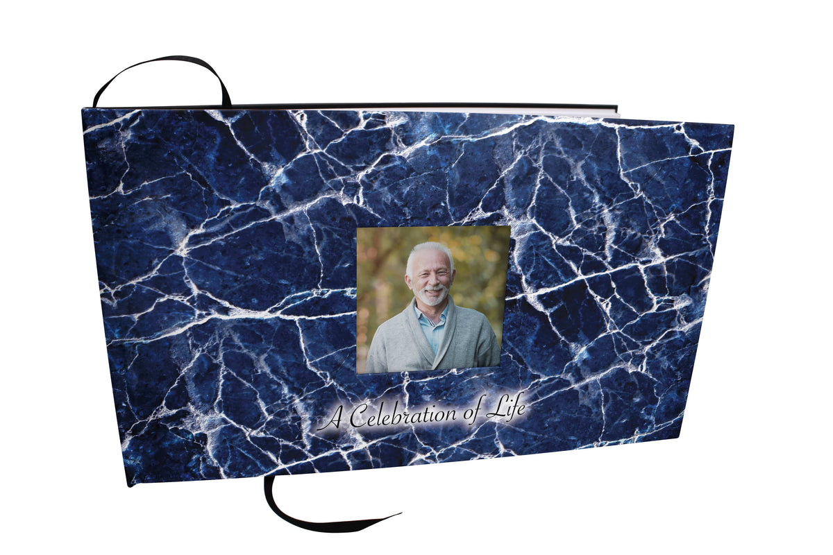 Commemorative Cremation Urns Blue Marble Matching Themed &#39;Celebration of Life&#39; Guest Book for Funeral or Memorial Service