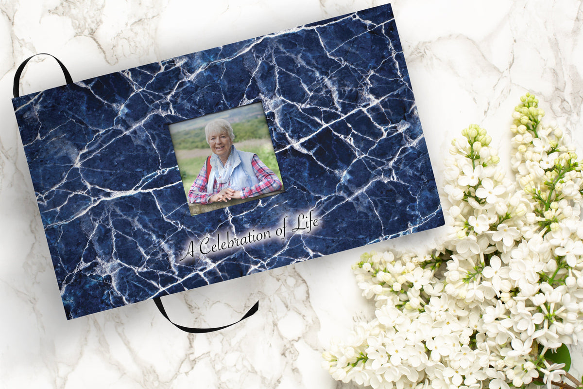 Commemorative Cremation Urns Blue Marble Matching Themed &#39;Celebration of Life&#39; Guest Book for Funeral or Memorial Service