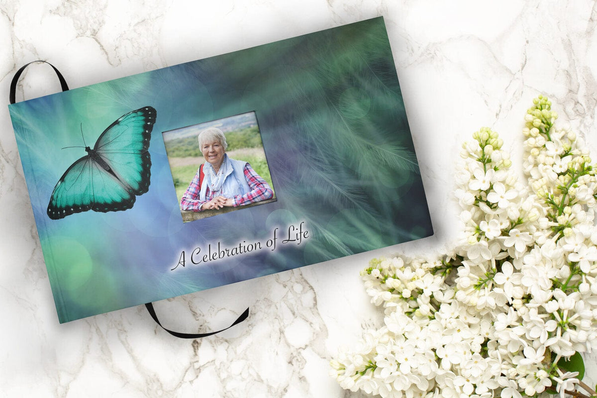 Commemorative Cremation Urns Bokeh Butterfly Matching Themed &#39;Celebration of Life&#39; Guest Book for Funeral or Memorial Service