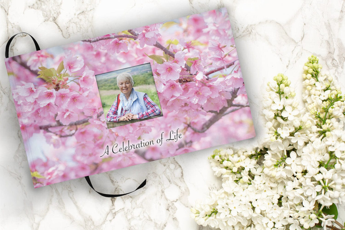 Commemorative Cremation Urns Cherry Blossom Matching Themed &#39;Celebration of Life&#39; Guest Book for Funeral or Memorial Service