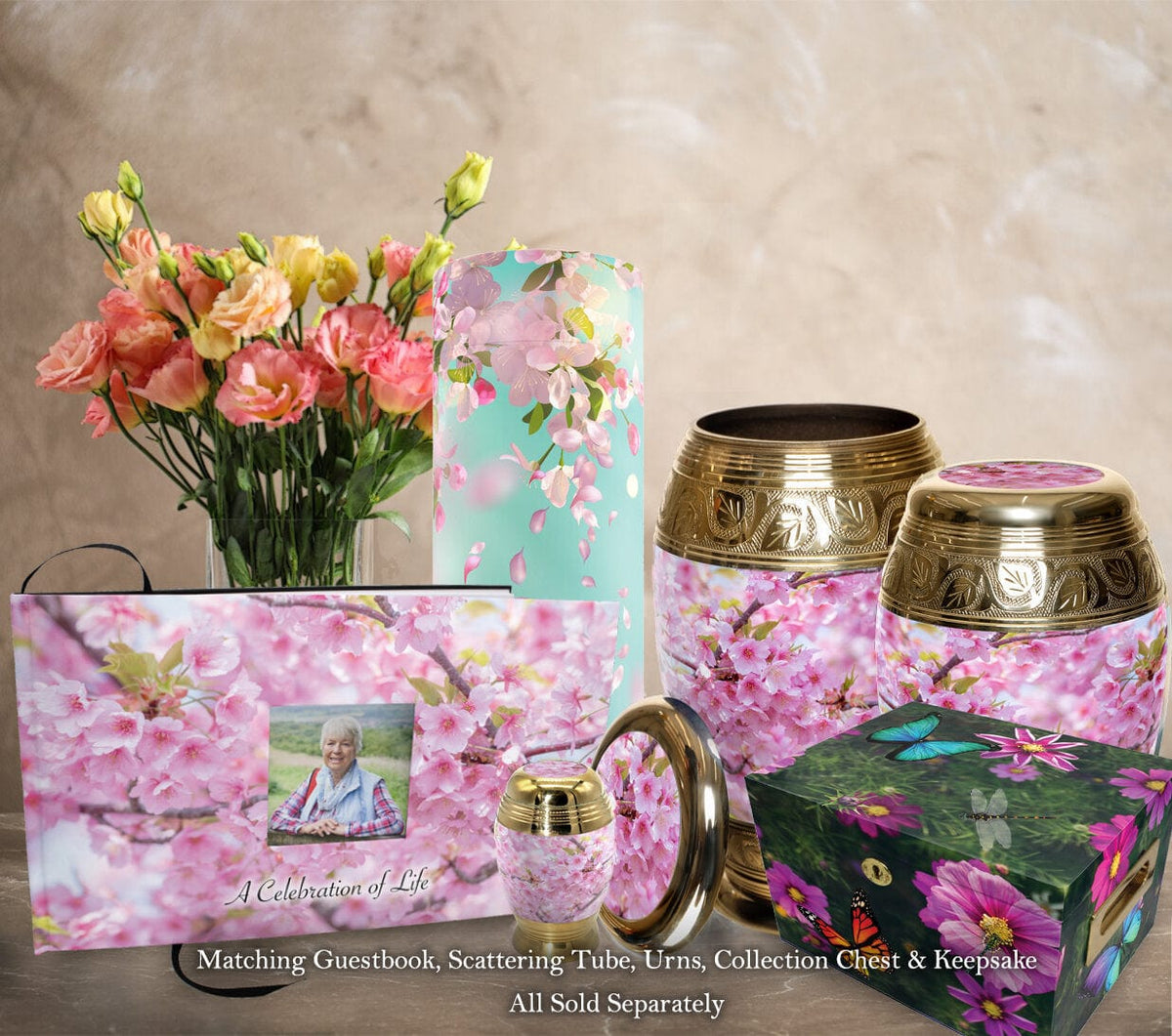 Commemorative Cremation Urns Cherry Blossom Matching Themed &#39;Celebration of Life&#39; Guest Book for Funeral or Memorial Service