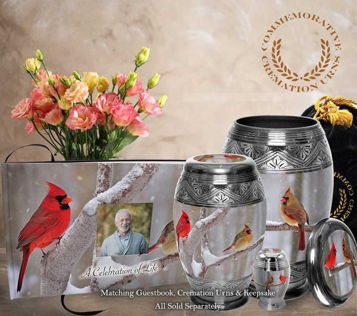 Commemorative Cremation Urns Cozy Cardinals Matching Themed &#39;Celebration of Life&#39; Guest Book for Funeral or Memorial Service